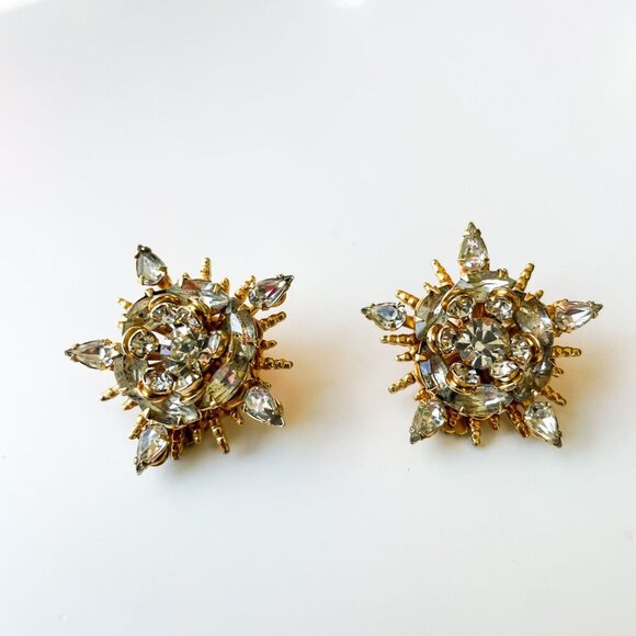 Vintage Hobe Gold-Tone  Star Sunburst Clip-On Earrings  Clear Rhinestones - Picture 3 of 5